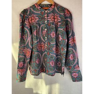 Oliphant Darby blouse teal floral patterned silk cotton blend Small